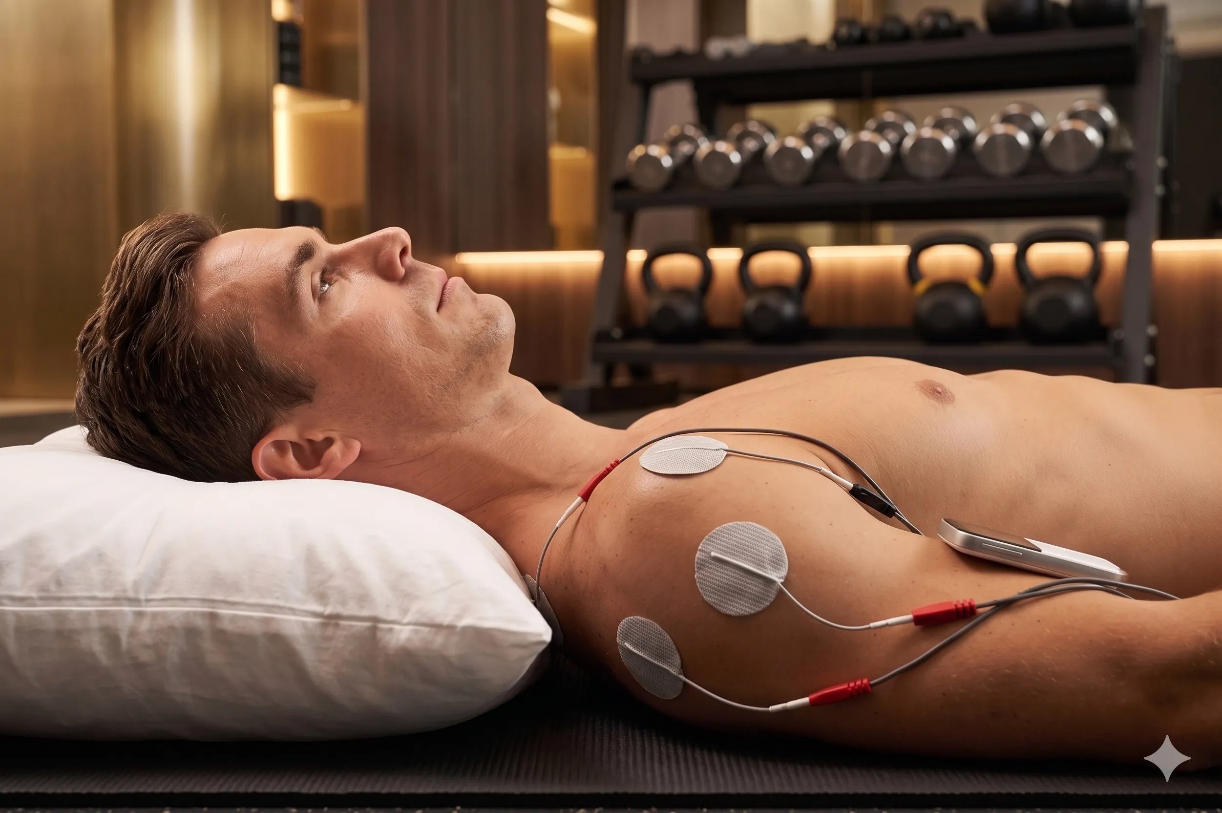 Man receiving electroacupuncture treatment in a gym setting