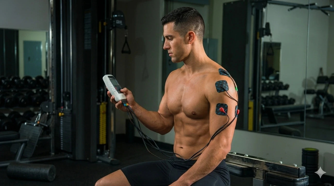 Man in a gym using a device with electrodes on his back