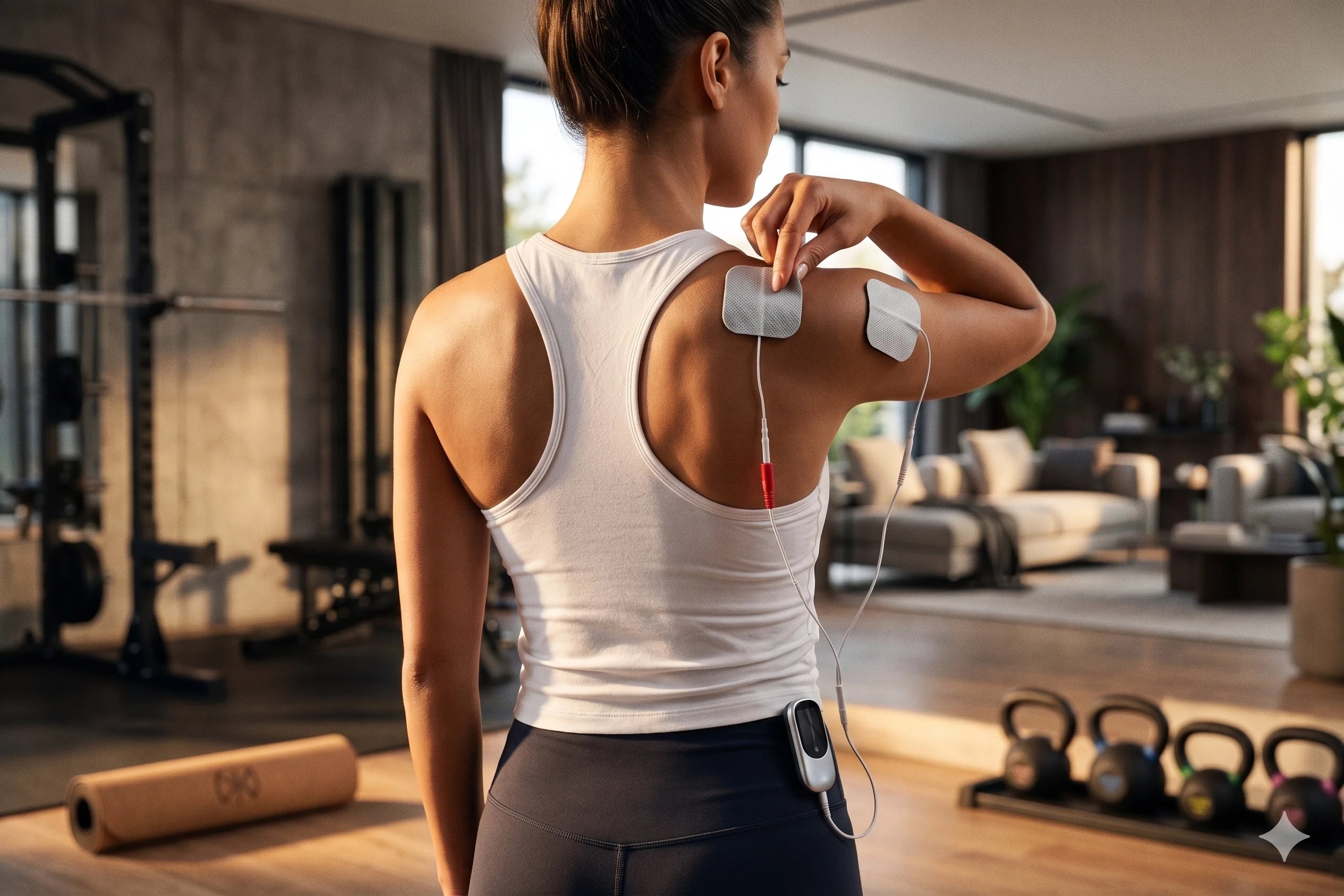 Woman exercising with electronic devices on in a home setting